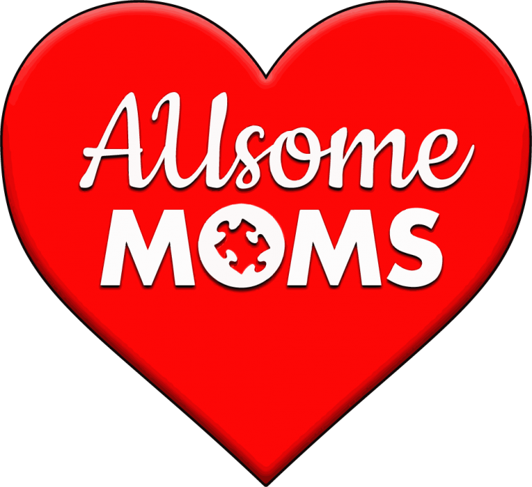 Red heart logo with 'Allsome Moms' text and a mother-child silhouette.