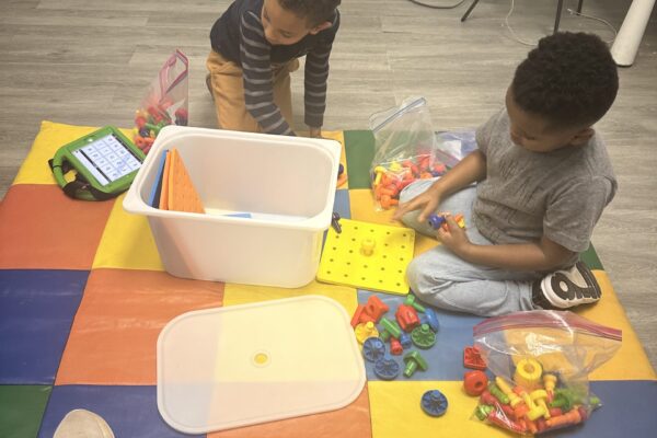 Two children playing with toys on a colorful mat indoors.