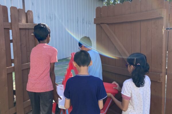 Four children playing outdoors near a wooden fence on a sunny day.